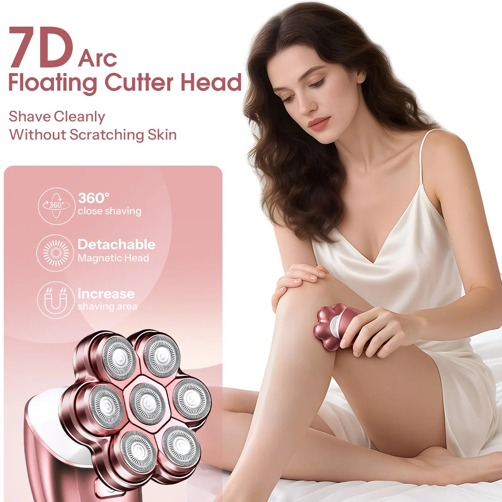Hibig 7D Electric Legs & Body Shaver for Women - 5-In-1 Lady Grooming Kit for Bald Head, Legs & Armpits, Waterproof Rechargeable Painless Razor, Cordless Shaver with Floating Heads, Ideal Gift for Her