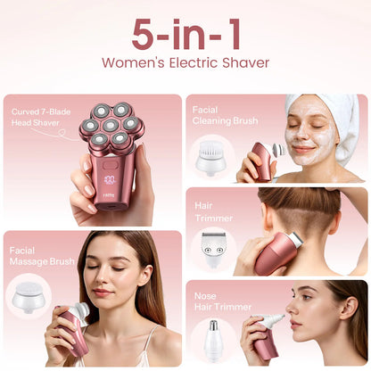 Hibig 7D Electric Legs & Body Shaver for Women - 5-In-1 Lady Grooming Kit for Bald Head, Legs & Armpits, Waterproof Rechargeable Painless Razor, Cordless Shaver with Floating Heads, Ideal Gift for Her